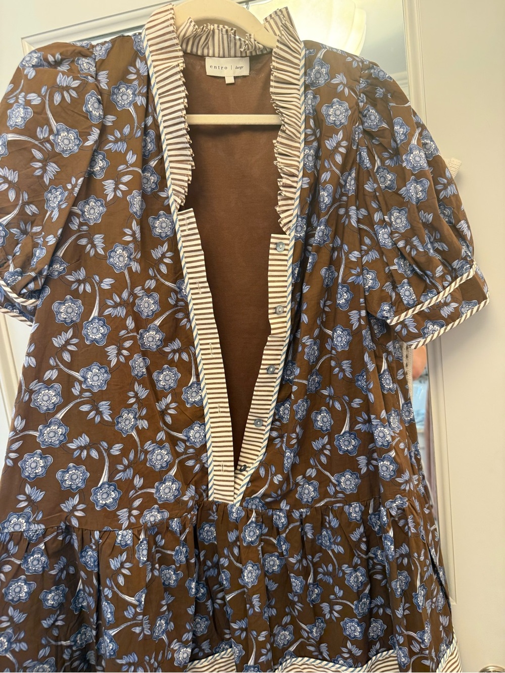 entro Brown Tunic with Blue Floral Print and Striped Trim - Picture 1 of 3